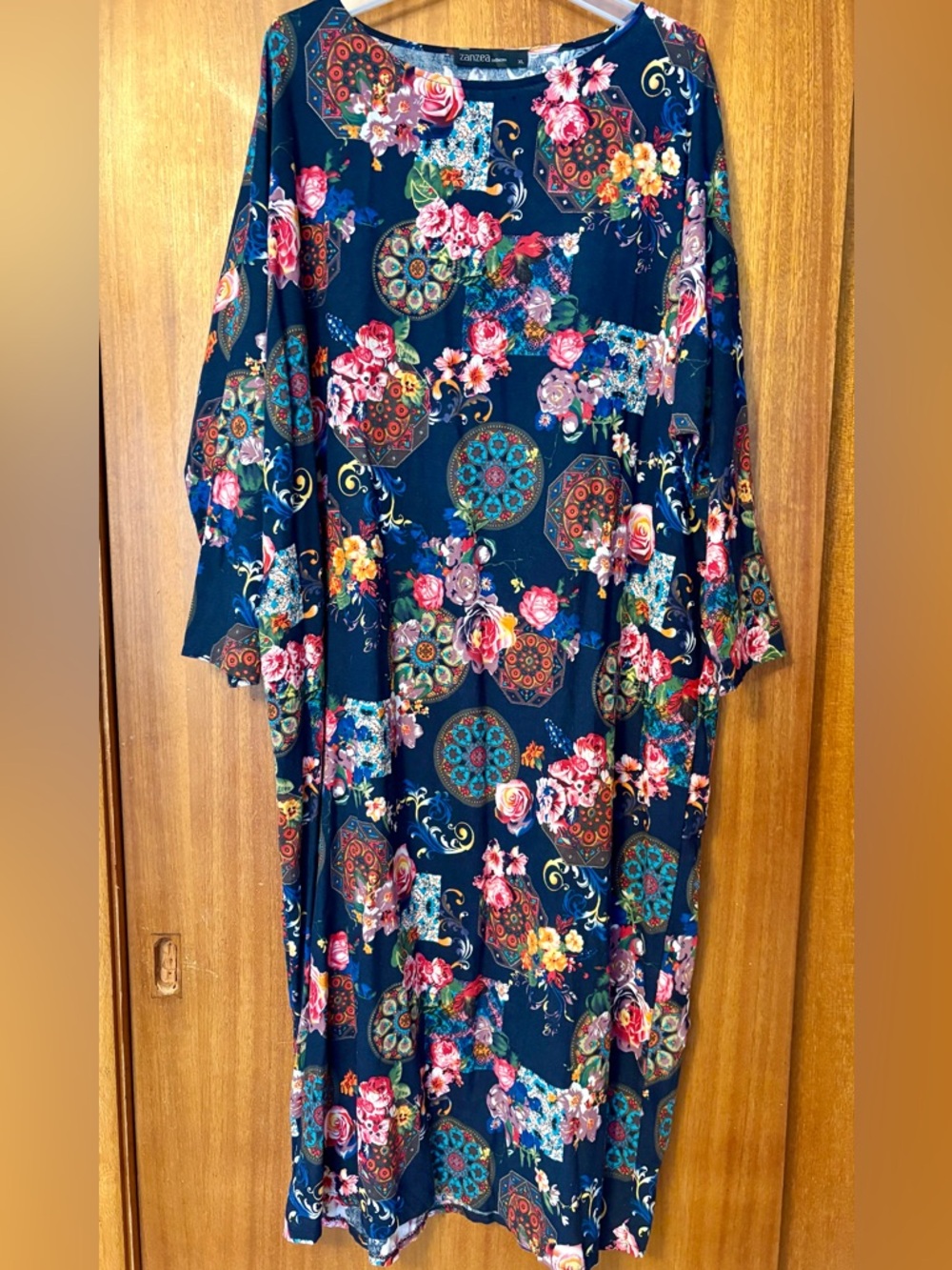 Navy Floral Maxi Dress with Medallion Print